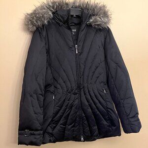 A.N.A  Women's black Down Winter Coat  with Faux Fur Hood and Pockets, Size S